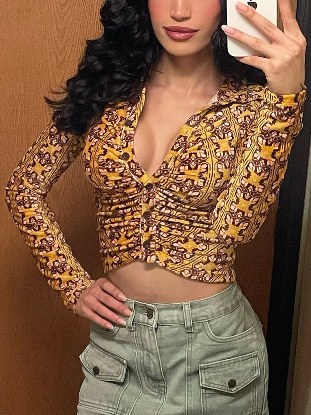 Yellow Collared Crop Top - Long Sleeve